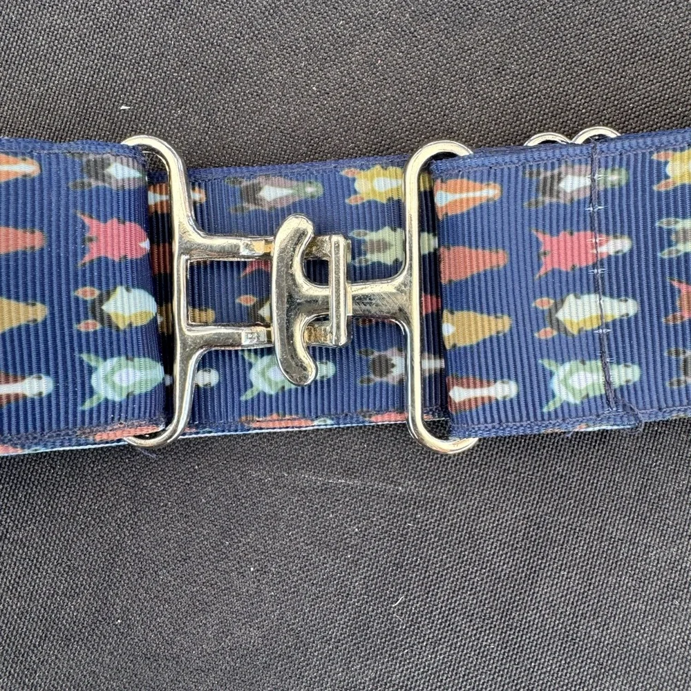 Equestrian belt adjustable from 22 to 44 inches and 2pc Bow Set in blue w/ horse
